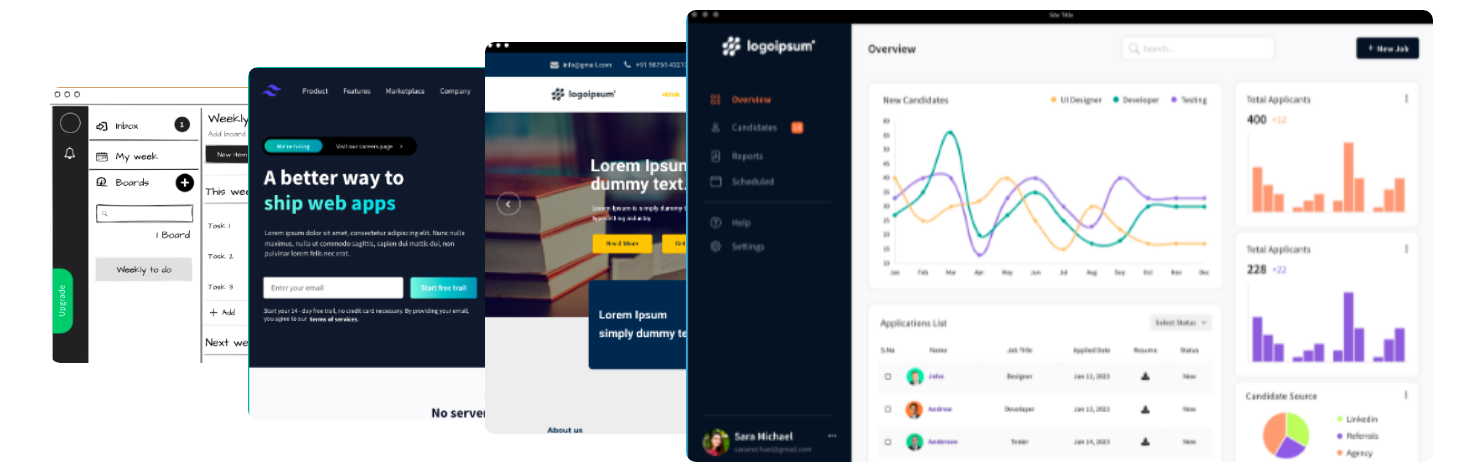 Wireframe templates for websites, dashboards and apps